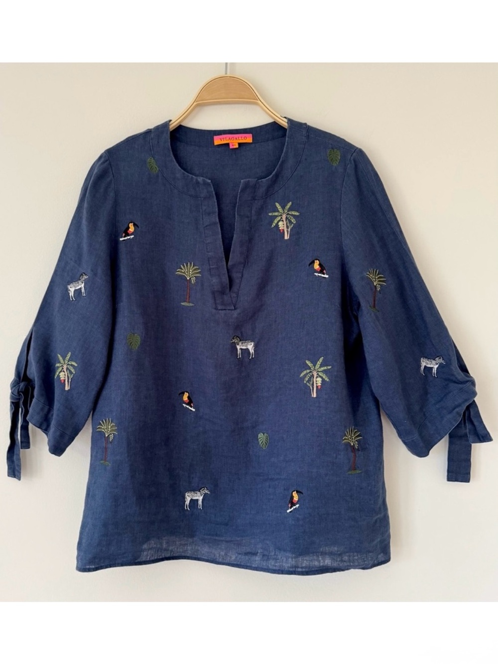 Vilagallo Navy Linen Embroidered Tropical Blouse with Toucan & Palm Motifs Sz 12